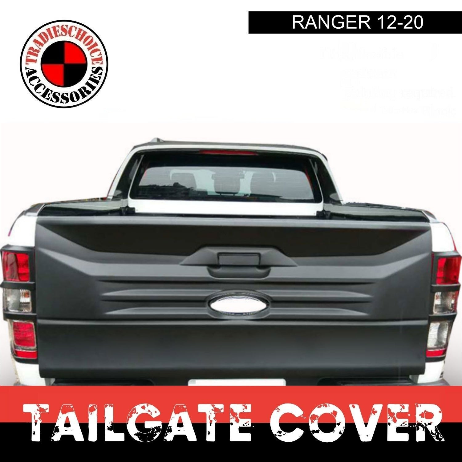TRADIESCHOICE Black Rear Tailgate Cover for Ford Ranger T6, T7, T8 Wildtrak PX2 MK1 MK2 2012-2019 | Style and Protection